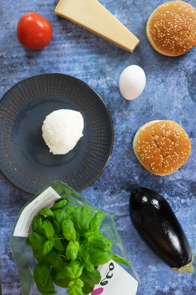 ingredients for eggplant aubergine burgers