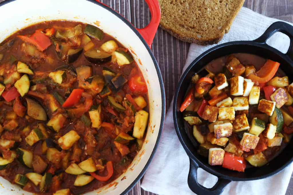ratatouille recipe served in an enameled cast iron dutch oven