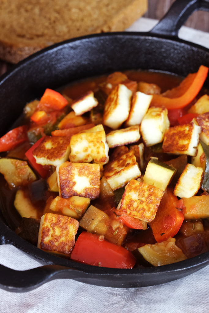 ratatouille served in a cast iron serving pan