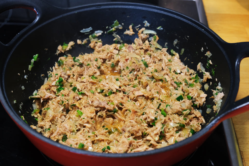 pastel tuna filling prepared in an enameled cast iron balti dish