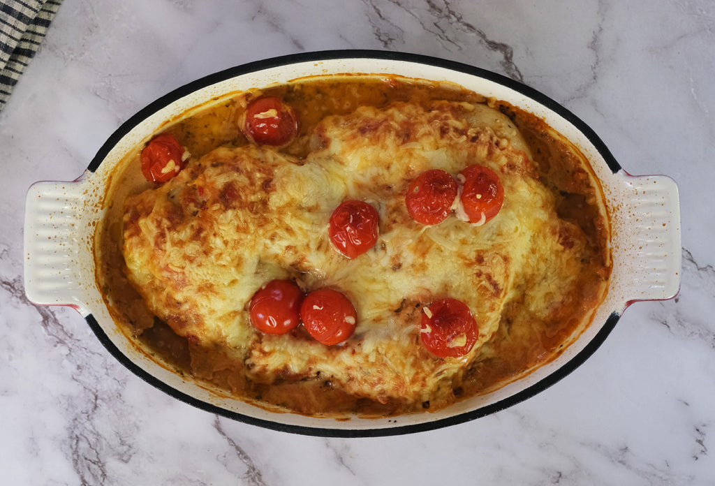 Ajvar Relish Chicken Gratin out of the oven