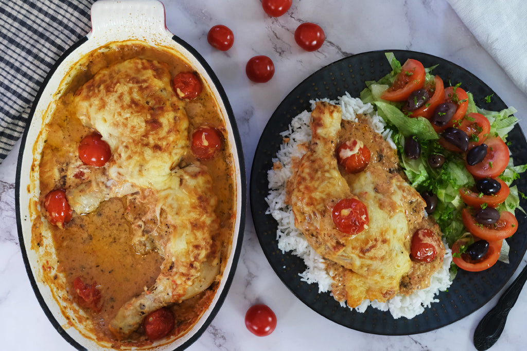 ajvar relish chicken gratin served with rice and salad