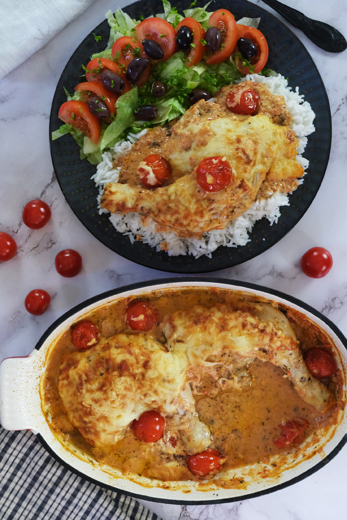 Ajvar Relish Chicken Gratin served with salad