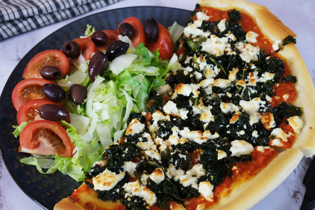 Ajvar relish, Kale, and feta cheese pizza recipe