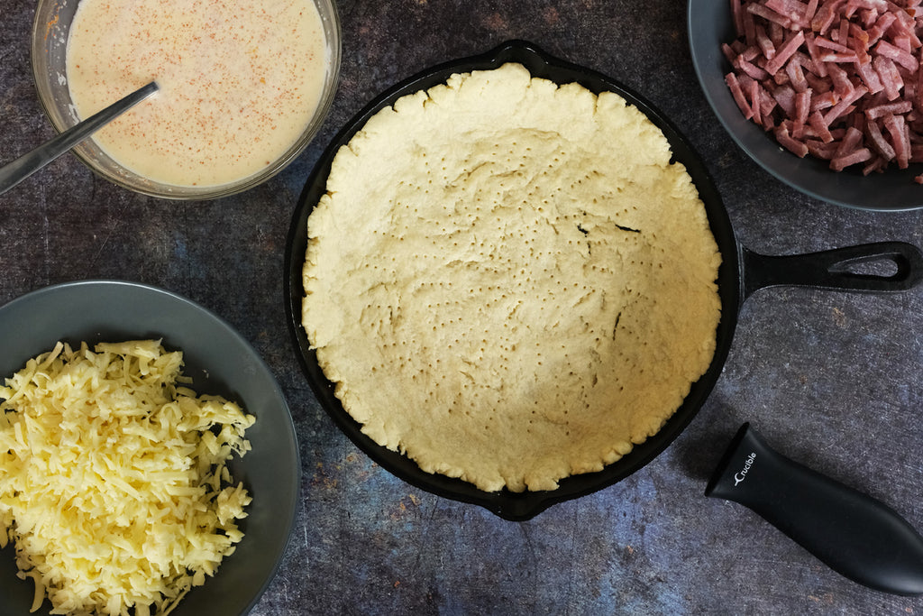 baked pie crust in a cast iron skillet