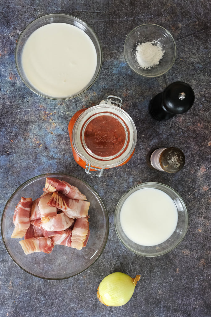 ingredients to creamy ajvar and bacon pasta