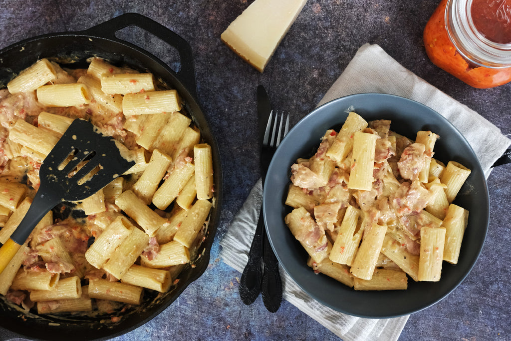 ajvar and bacon pasta served