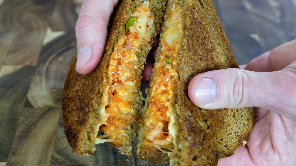 Kimchi grilled cheese made in a cast iron skillet