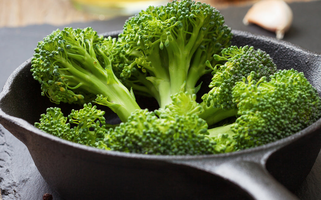 broccoli in a cast iron skillet