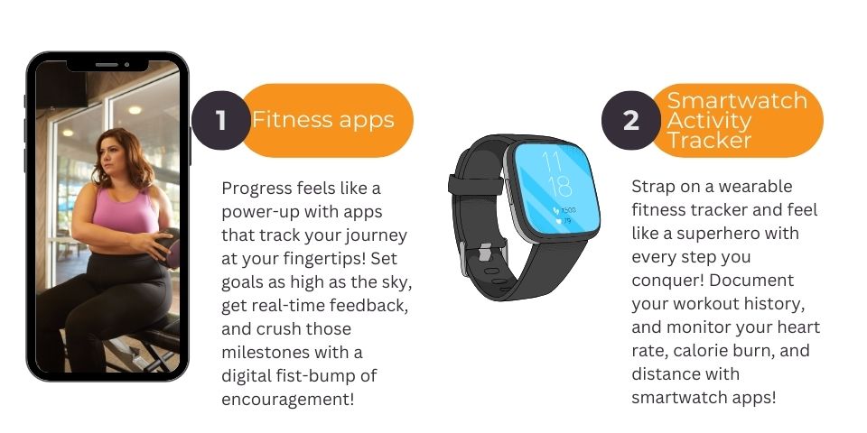 Progress feels like a power-up with apps that track your journey at your fingertips! Set goals as high as the sky, get real-time feedback, and crush those milestones with a digital fist-bump of encouragement!  Plus Size Woman working out as shown on a smart phone. Image of a smart watch.