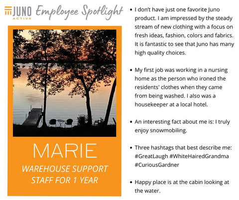 JunoActive Plus Size Clothing supplier features JunoActive Journal, Employee Spotlight for Marie, Warehouse Support staff. There is a picture of her favorite lake view and 5 bullet points to "get to know" Marie.