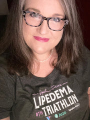 Pattie Cornut wearing a Lipedema Triathalon tee shirt. June is Lipedema Awareness Month. 