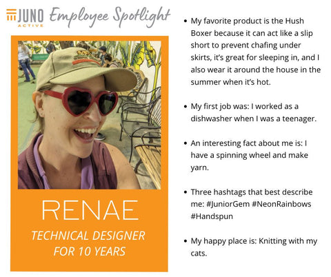 JunoActive News | Employee Spotlight featuring Renae, Technical Designer. JunoActive Plus Size Women's Clothing size XL-6X.