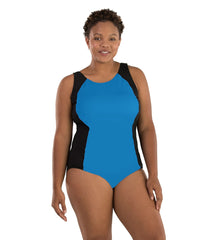Plus size woman wearing turquoise and black JunoActive plus size aquasport one-piece tank swimsuit.