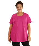 Plus size woman wearing hot pink JunoActive short sleeve top.