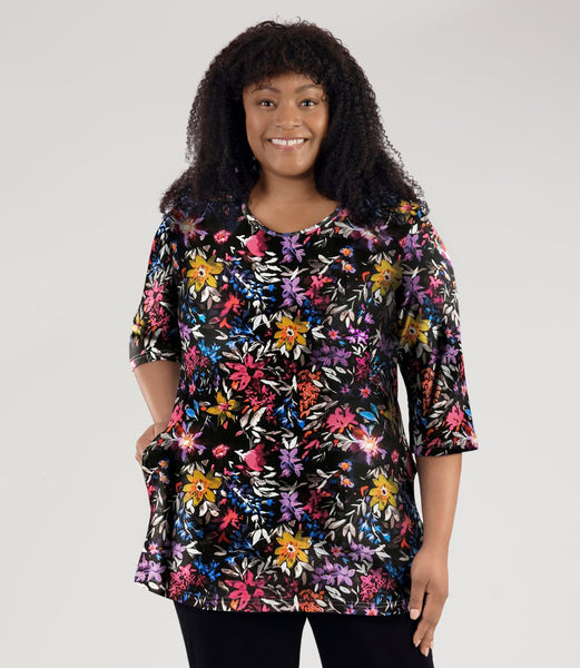 Plus Size Floral Print Pocketed 3/4 Sleeves Tunic