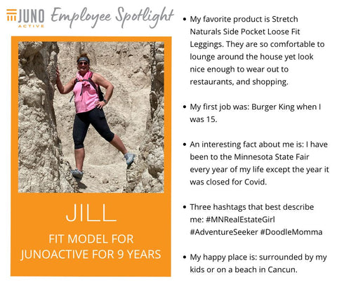 Employee Spotlight for Jill Plus Size Fit Model. A picture of Jill climbing in a mountainous area wearing JunoActive Plus Size Activewear for women size XL - 6X.