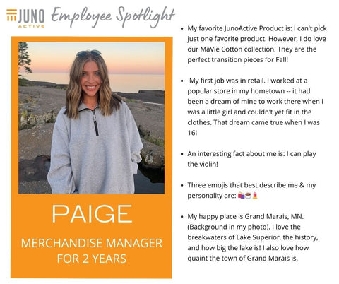 JunoActive Plus Size Apparel. Employee Spotlight image for our merchandise manager, Paige.