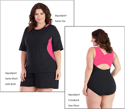 Two plus size women featuring JunoActive AquaSport Swimwear. A one-piece and a rash guard and swim short.