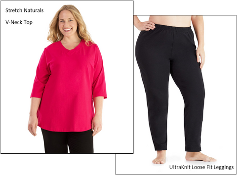 Plus size woman wearing hot pink JunoActive top. Another image of bottom half of plus size woman wearing black JunoActive leggings.