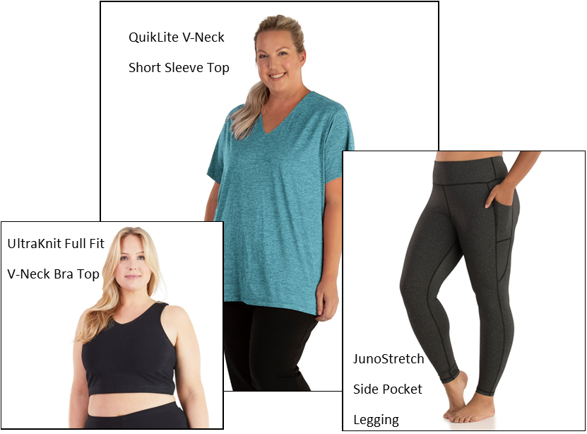 A trio of plus size women. Each image features a different JunoActive product: bra top legging and top.