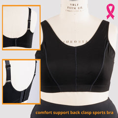 JunoActive Plus Size Back Closure Comfort Support Bra with detail images showing adjustable straps, back clasp and front coverage. Pink ribbon indicates this is a breast insert friendly bra. 