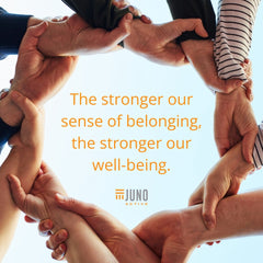 several hands holding on to one another to form a ring with text inside the circle reading: The stronger our sense of belonging, the stronger our well-being". JunoActive designs and manufactures Plus Size Clothing exclusively for women size XL - 6X.