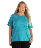 Plus size woman facing front wearing a JunoActive Plus Size v-neck tee in turquoise. 