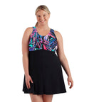 Aquasport Zip Front Swim Dress Sunset Palm Print Black   Xl / Sunset Palm Print Black