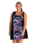 Aquasport Crossback Swim Dress Sunset Palm Print Black   Final Sale   1x / Sunset Palm Print Black