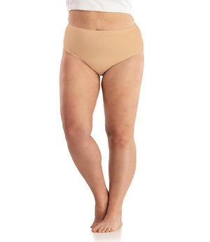 Bottom half of plus size woman wearing nude colored JunoActive cotton stretch brief.