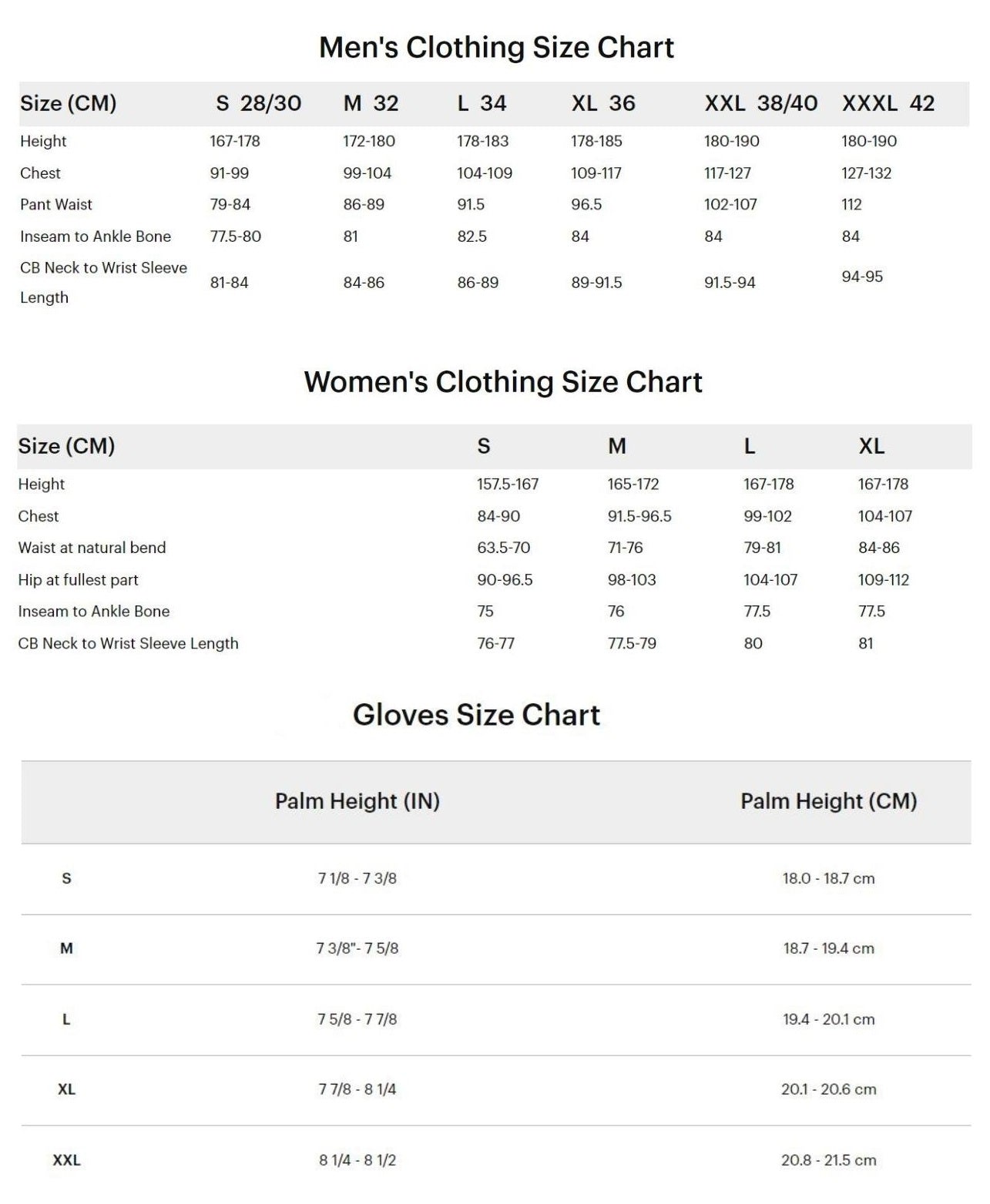 100% Mens & Womens Clothing & Glove Size Guide