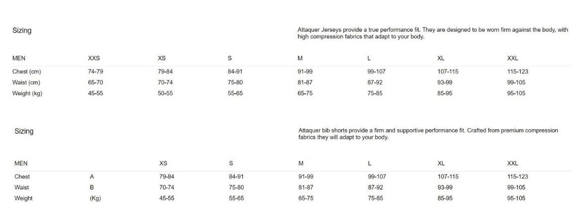 Attaquer Jersey & Bibs Size Guide