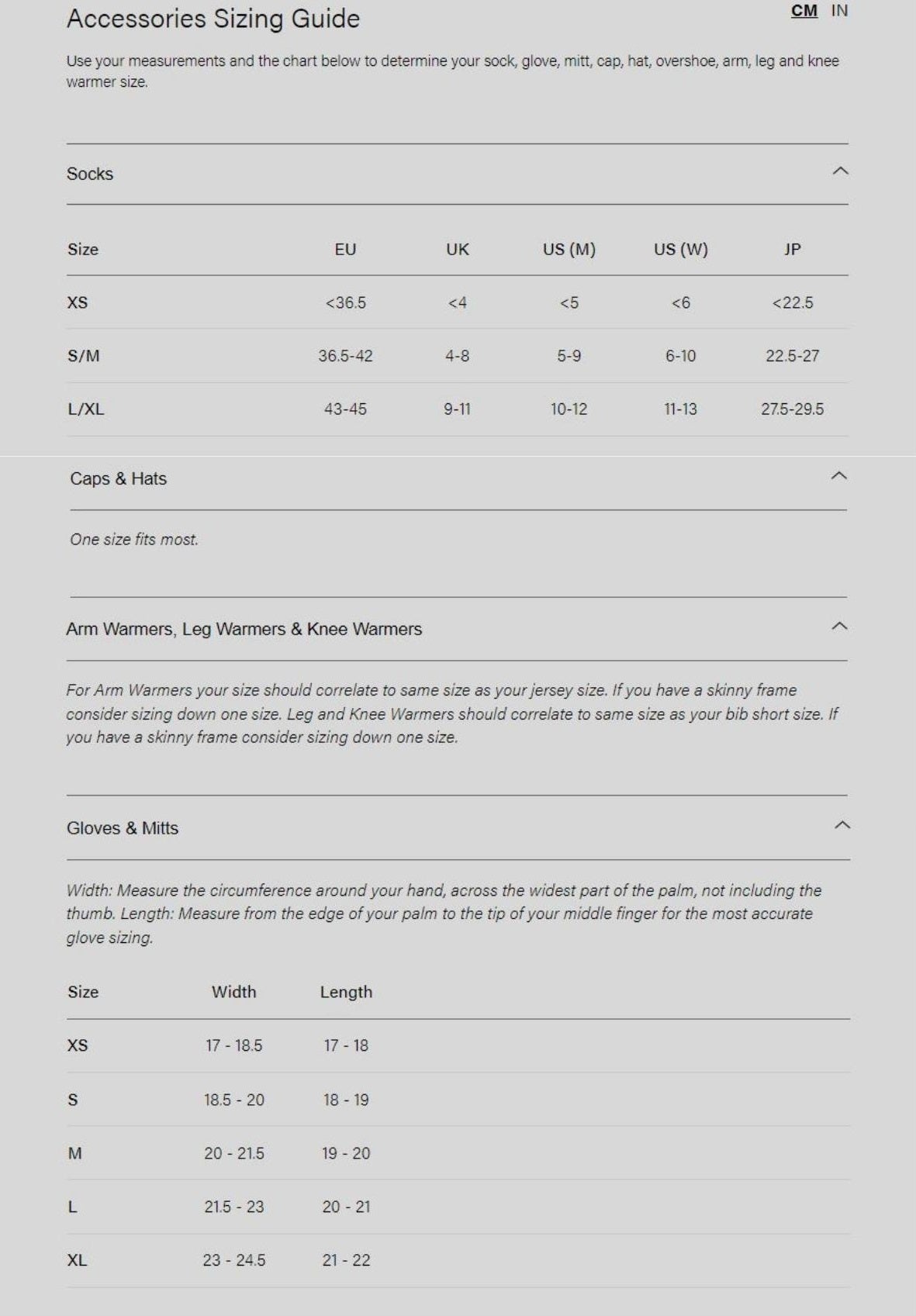 MAAP Accessories Size Guide