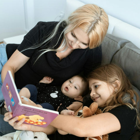 Mother reading book with children