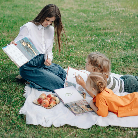 Mother reading book with children