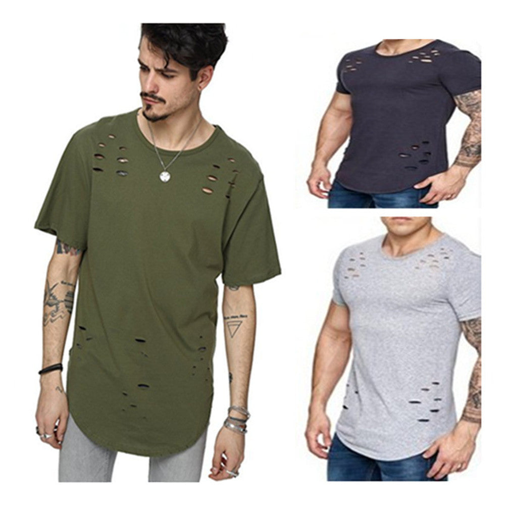 Street Wear T-shirt Holes Hip Hop Short Sleeve T-shirts Men O-neck ...