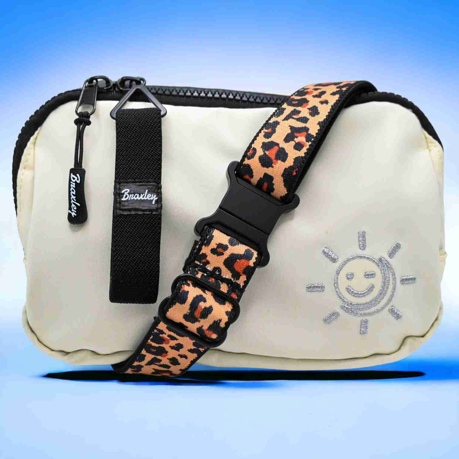 Braxley belt bag leopard print belt on cloud white stash bag