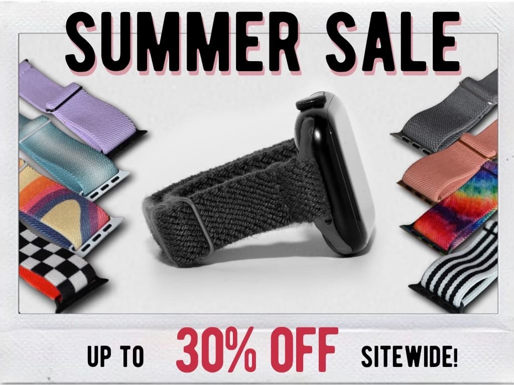 Smartwatch with various colorful bands displayed, 'Summer Sale' banner, and 'Up to 30% Off Sitewide'.