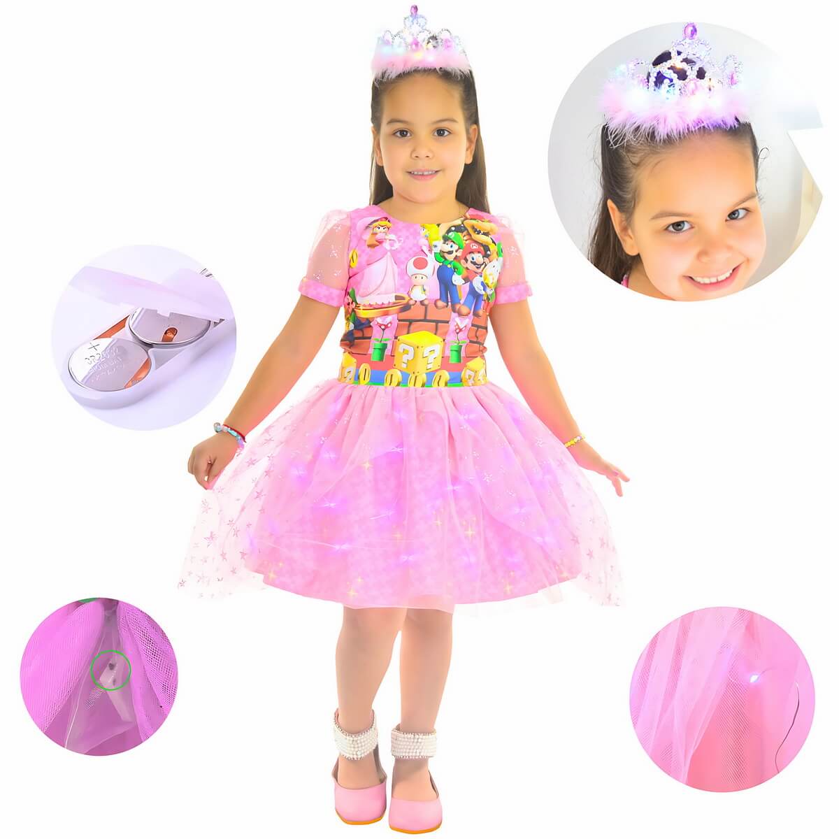 Princess Peach Super Mario Dress With Led Light And Flashing Crown