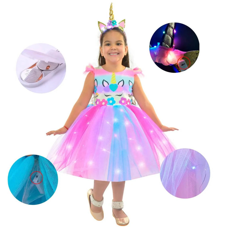 Unicorn Dress for Girls with LED Lights | Flashing Hairband Included