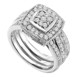 14kt White Gold Womens Diamond Cluster 3 Piece Bridal Wedding Engagement Ring Band Set 1 00 Cttw