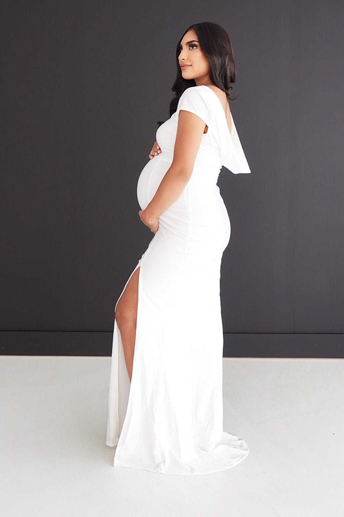 Anika Frill Dress in White Polka Dot by Soon Maternity for Hire