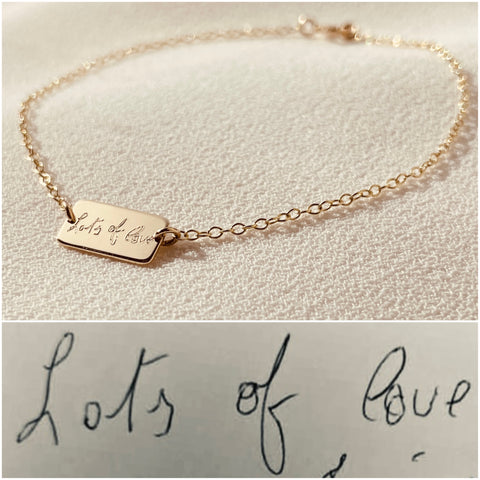 Bespoke Handwriting Landscape Slip Bracelet 9ct Gold, 'Lots of love' with handwritten note, By Leahy, Fine Jewellery