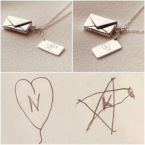 Bespoke Handwriting Signature Envelope Necklace Sterling Silver, 'Heart with initial N Star with initial K' with hand drawings, By Leahy, Fine Jewellery