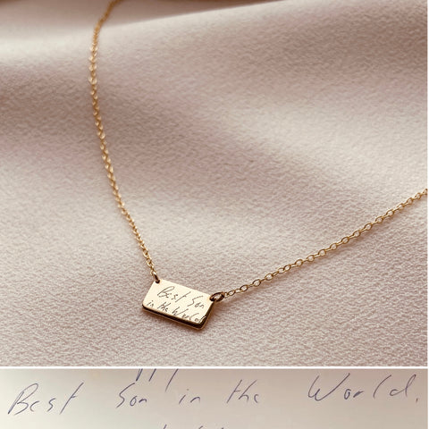 Bespoke Handwriting Slip Necklace 9ct Gold, 'Best Son in the World' with handwritten signature, By Leahy, Fine Jewellery