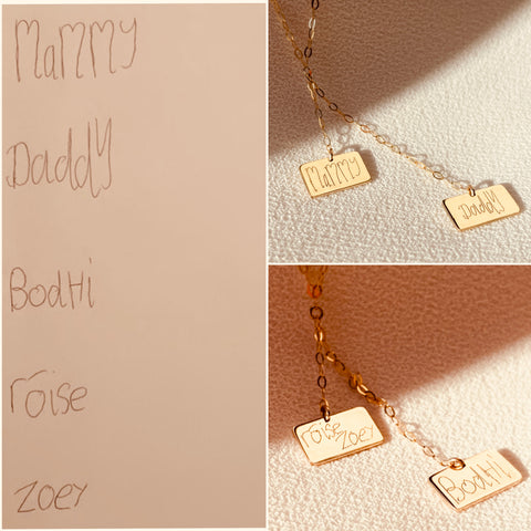 Slip Duo Necklace in solid 9ct gold with bespoke engraving children's signatures of their names with Mammy and daddy handwritten