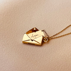 Bespoke Signature Envelope Necklace, 9ct Gold, Name Engraved Megan... Open By Leahy Fine Jewellery