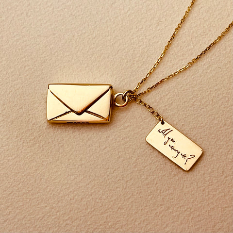 Bespoke Signature Envelope Necklace, 9ct Gold, Will you marry me? By Leahy Fine Jewellery