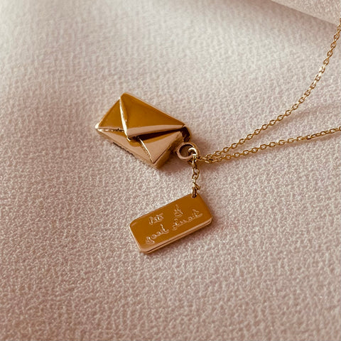 By Leahy Fine Jewellery Bespoke Signature Envelope Necklace in 18ct gold All the best luck leaving gift